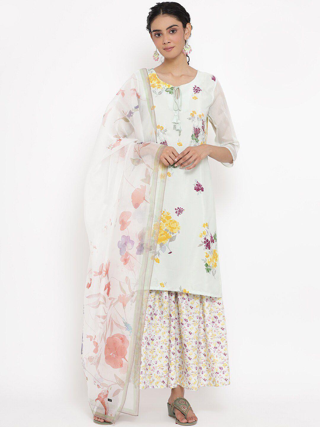 wishful women green floral printed kurta with palazzos & with dupatta