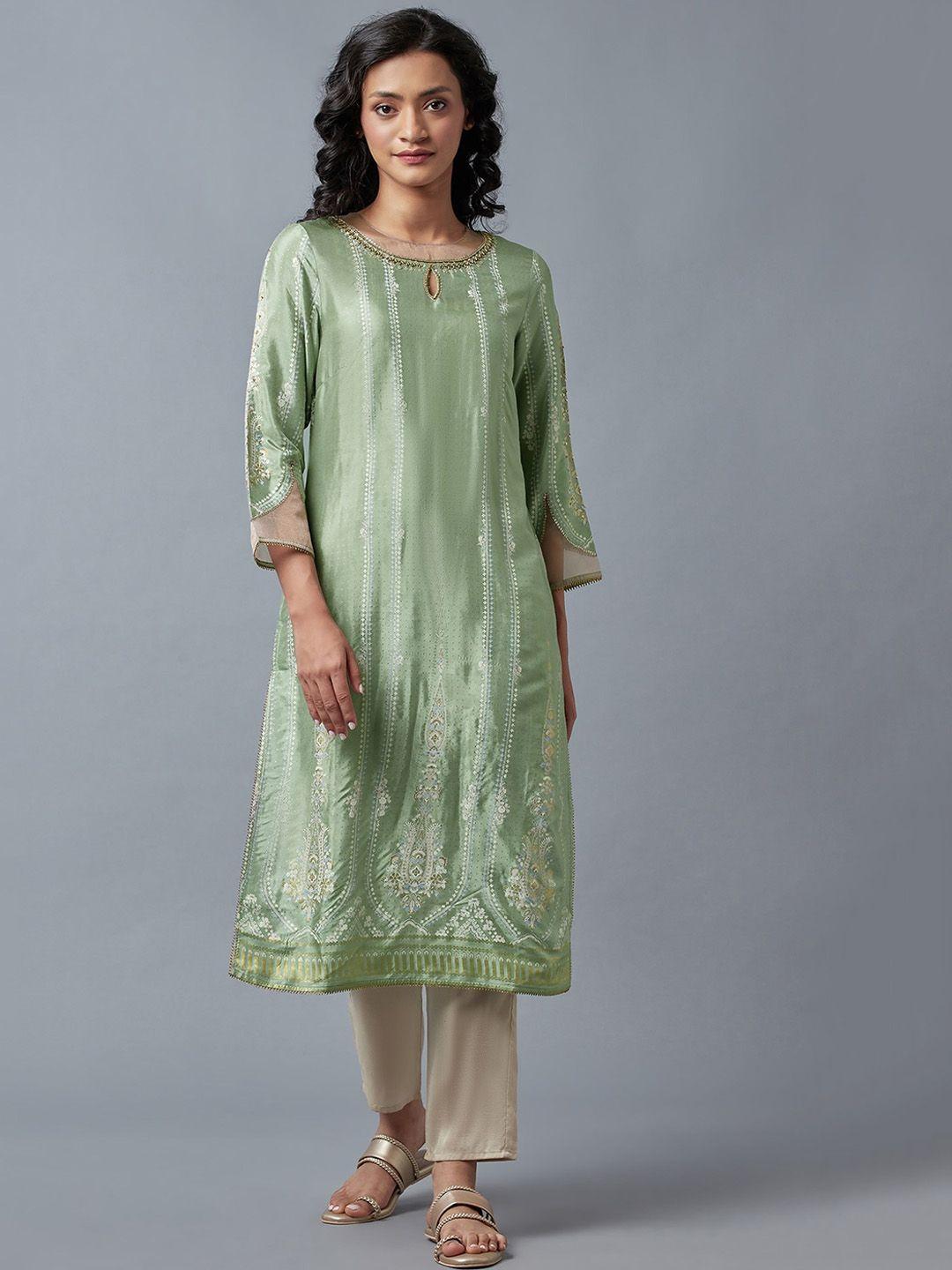 wishful women green keyhole neck kurta