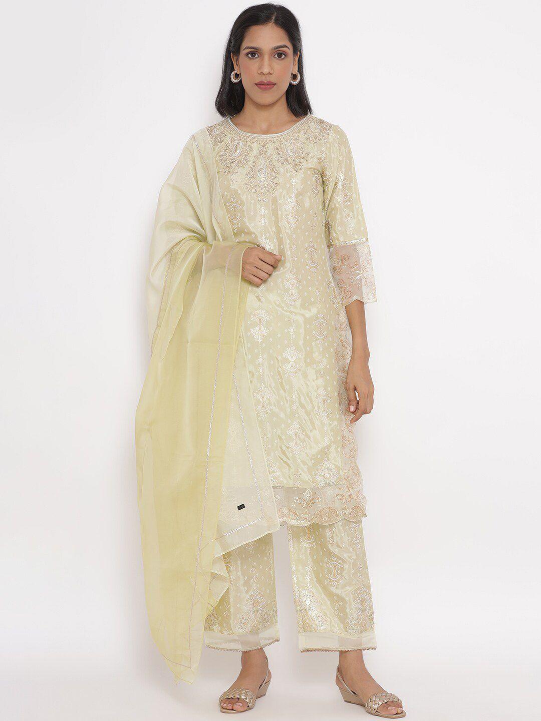 wishful women lime green ethnic motifs embroidered kurta with trousers & with dupatta