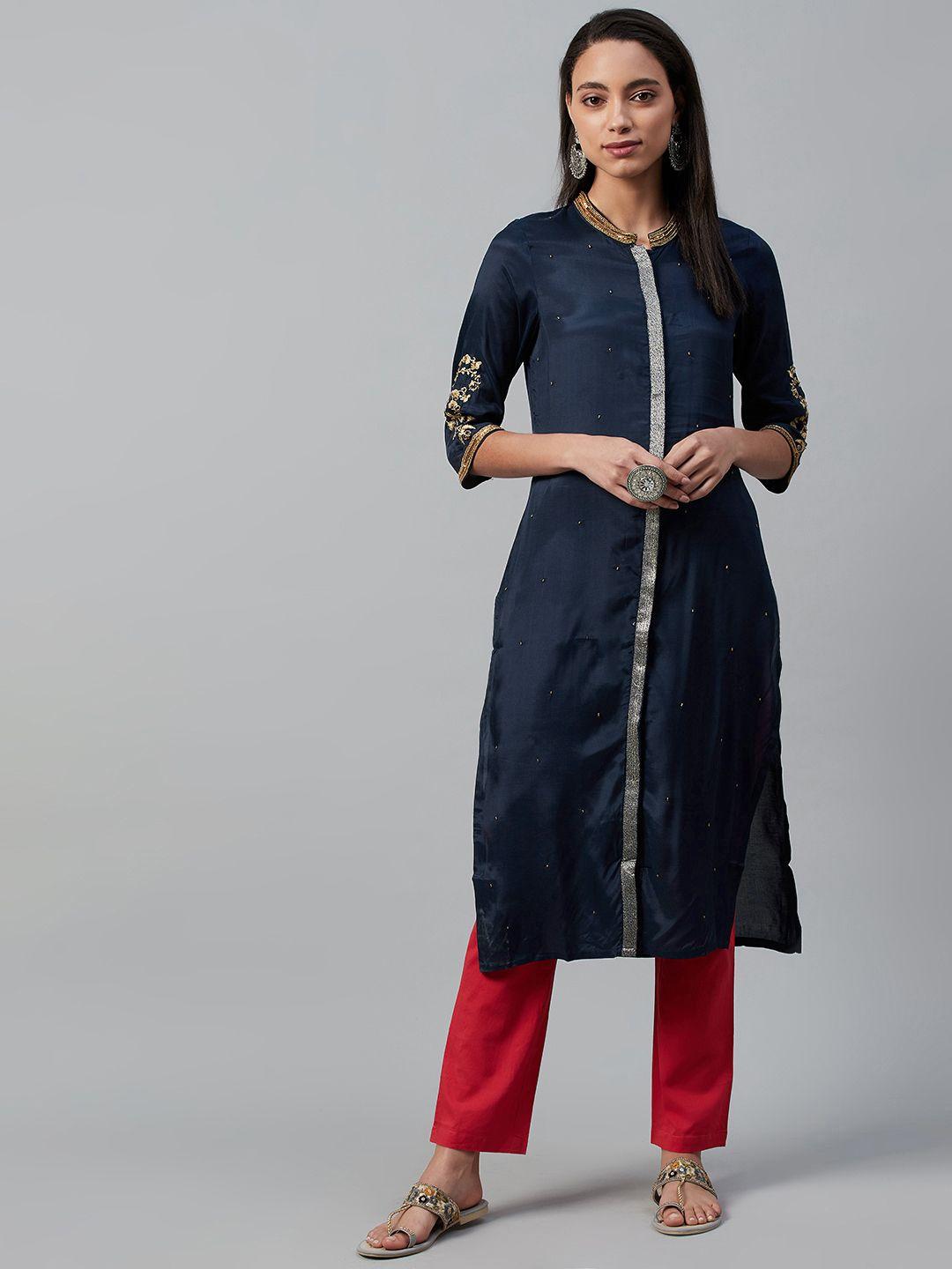 wishful women navy blue & golden embellished straight kurta