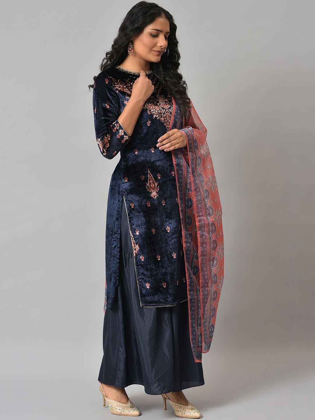 wishful women navy blue floral printed sequinned kurta with sharara & dupatta