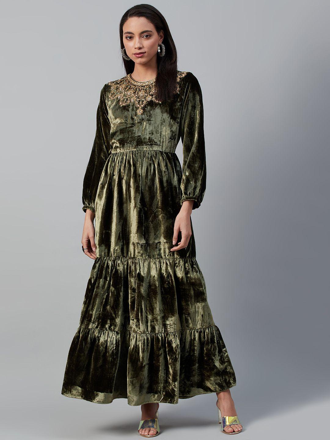 wishful women olive green embroidered detail tiered velvet finish maxi dress