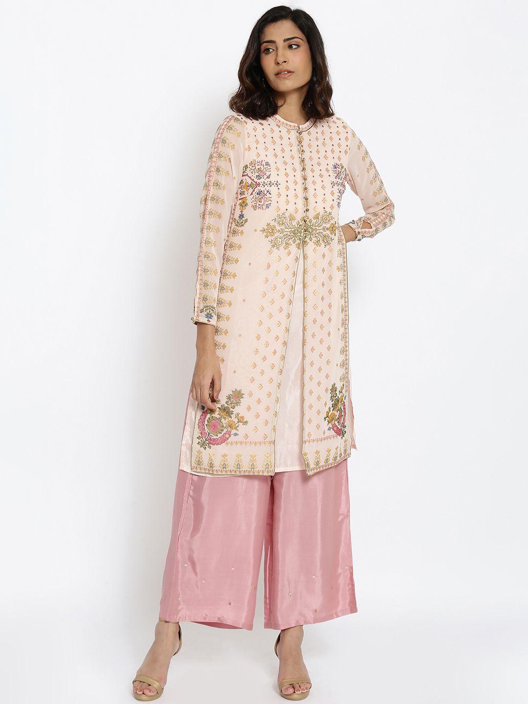 wishful women pink ethnic motifs printed thread work kurta