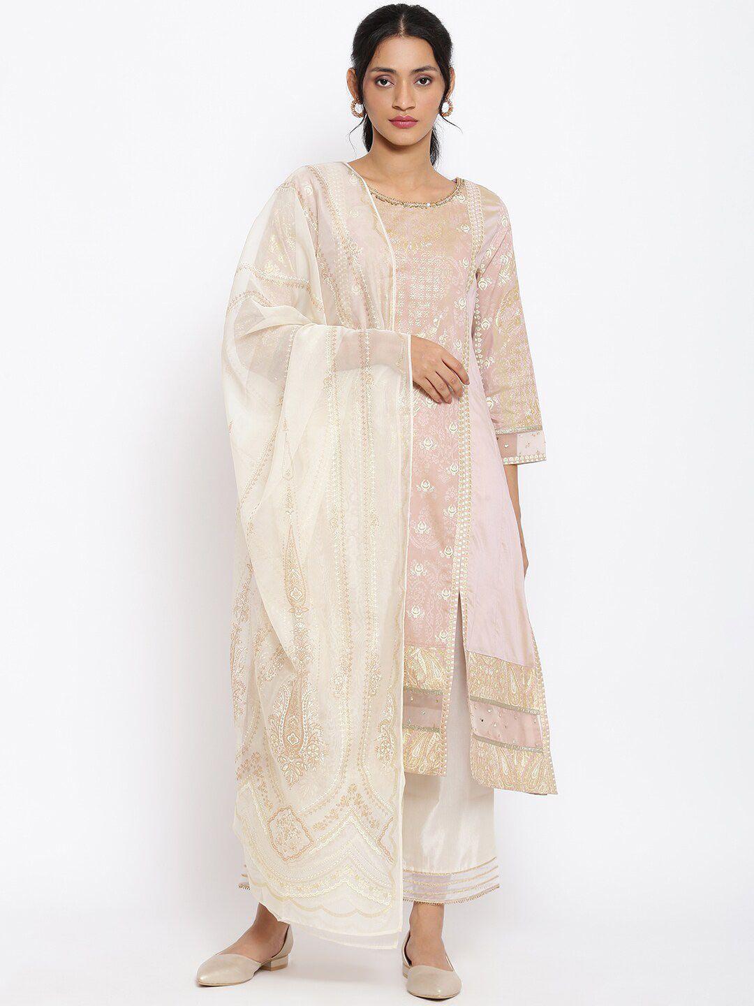 wishful women pink ethnic motifs yoke design panelled gotta patti kurta with trousers & with dupatta