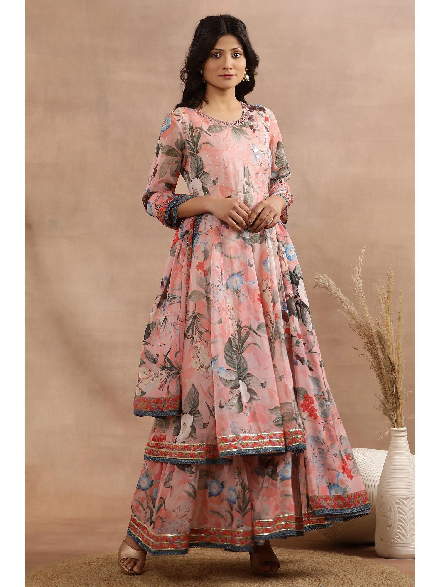 wishful women pink festive floral print organza dress & dupatta (set of 2)