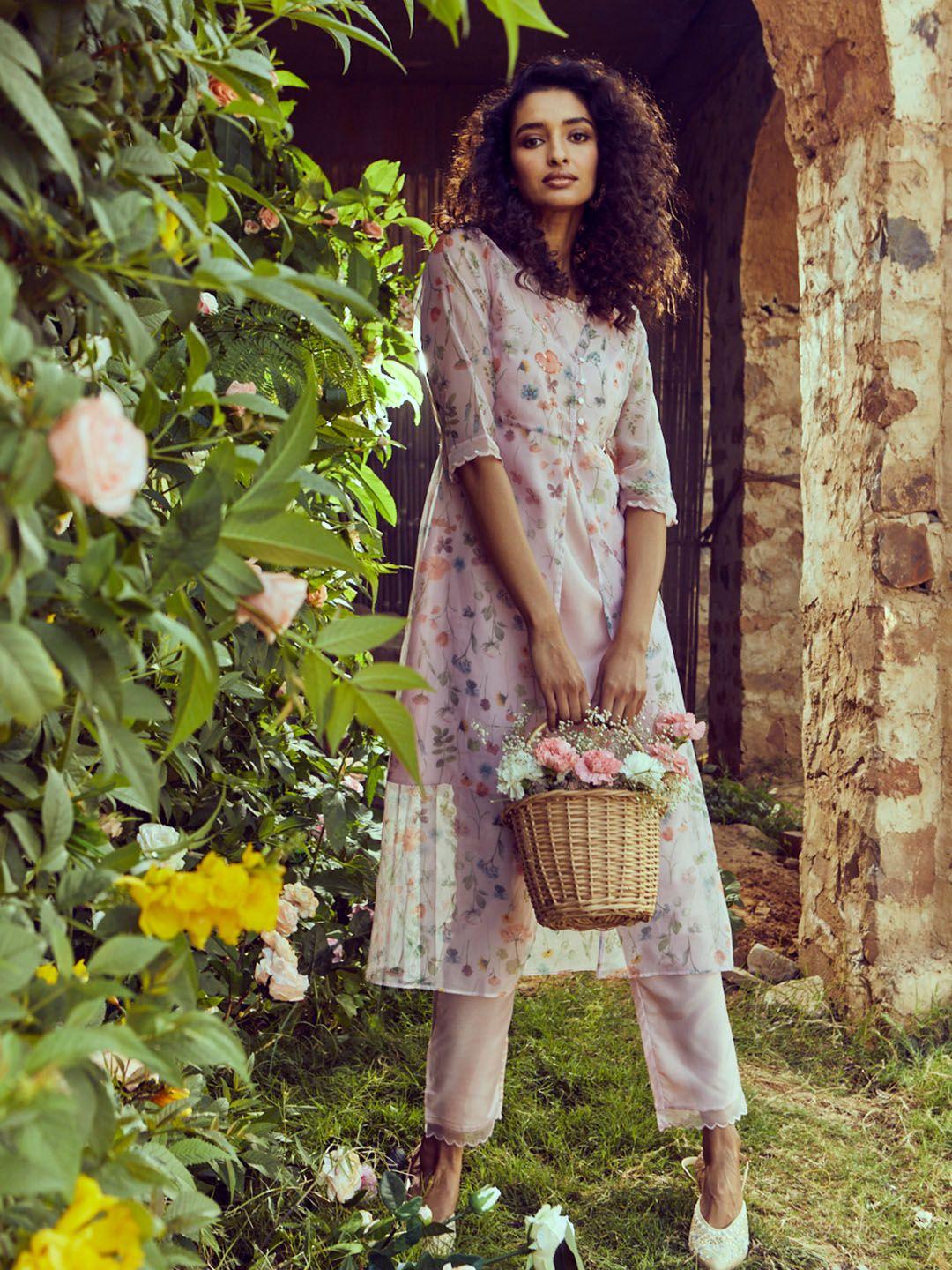 wishful women pink floral embroidered kurta with trousers