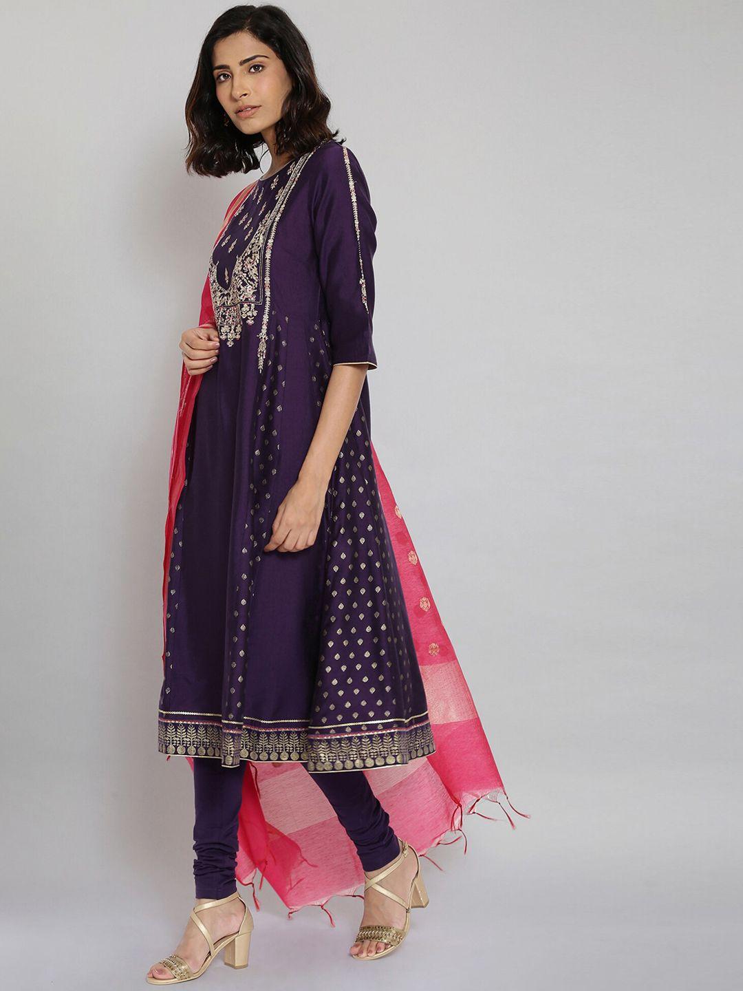 wishful women purple ethnic motifs thread work kurta with churidar & with dupatta