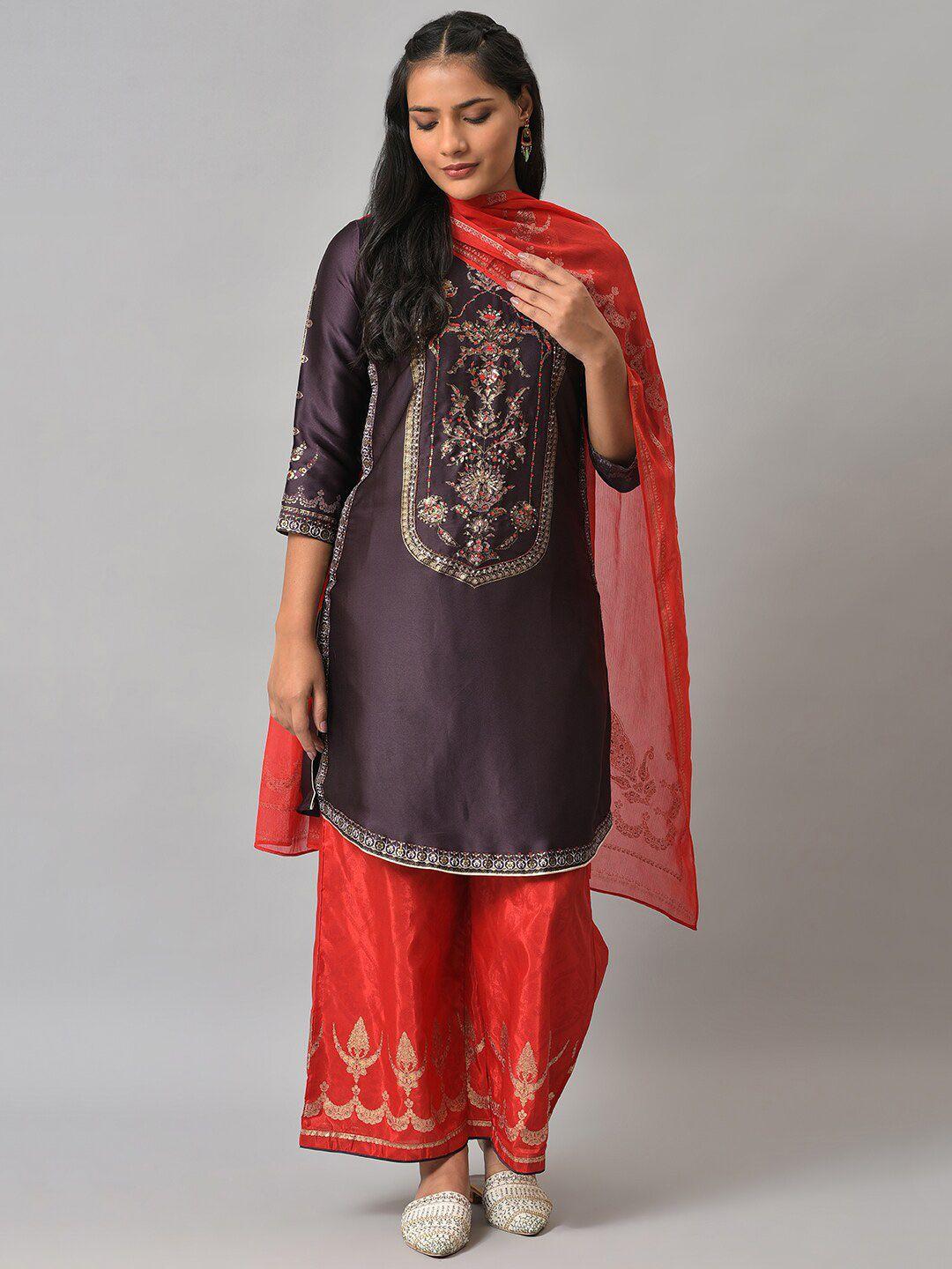 wishful women purple floral embroidered kurta with trouser & dupatta