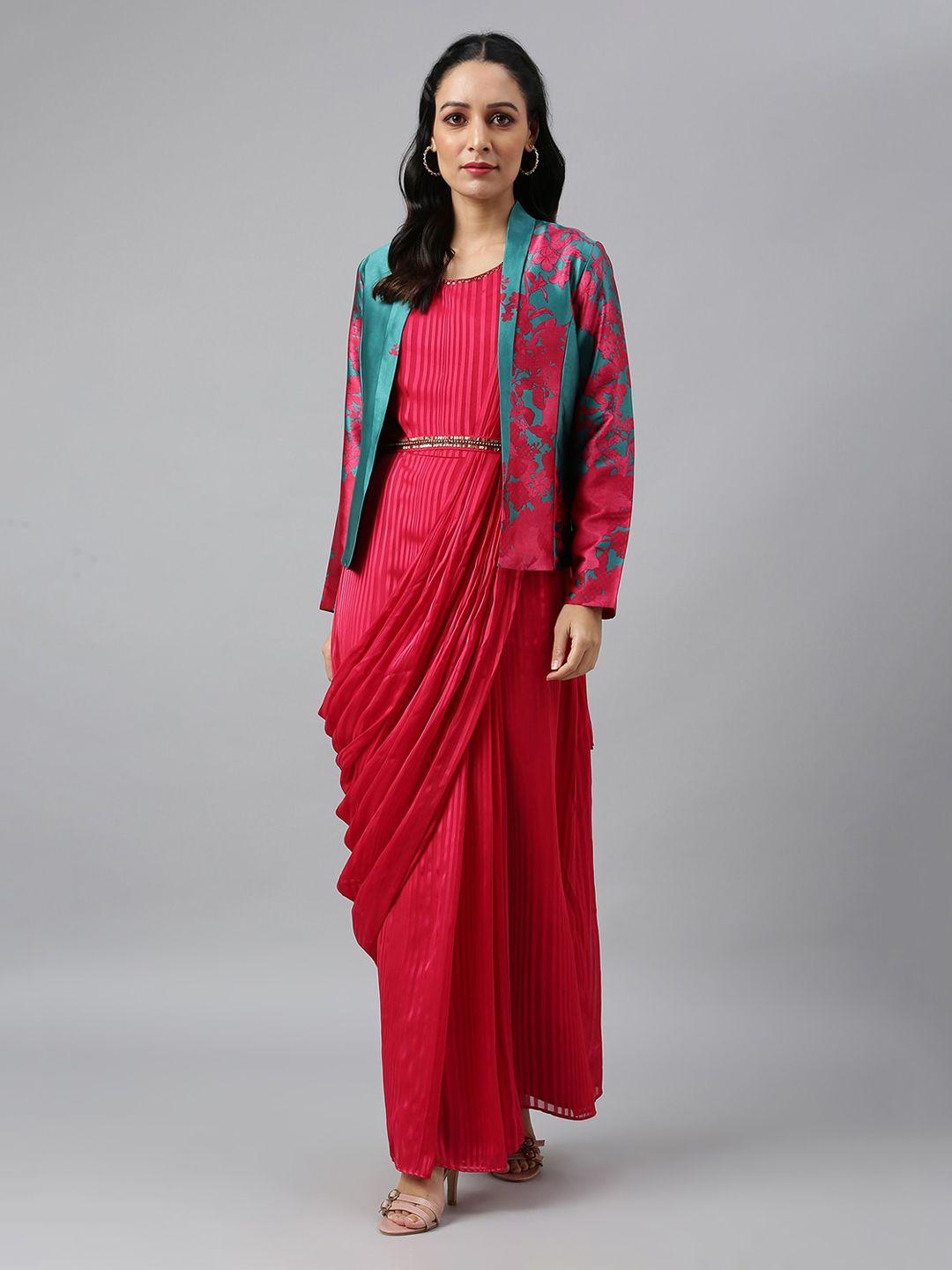 wishful women red floral layered kurta with skirt & dupatta