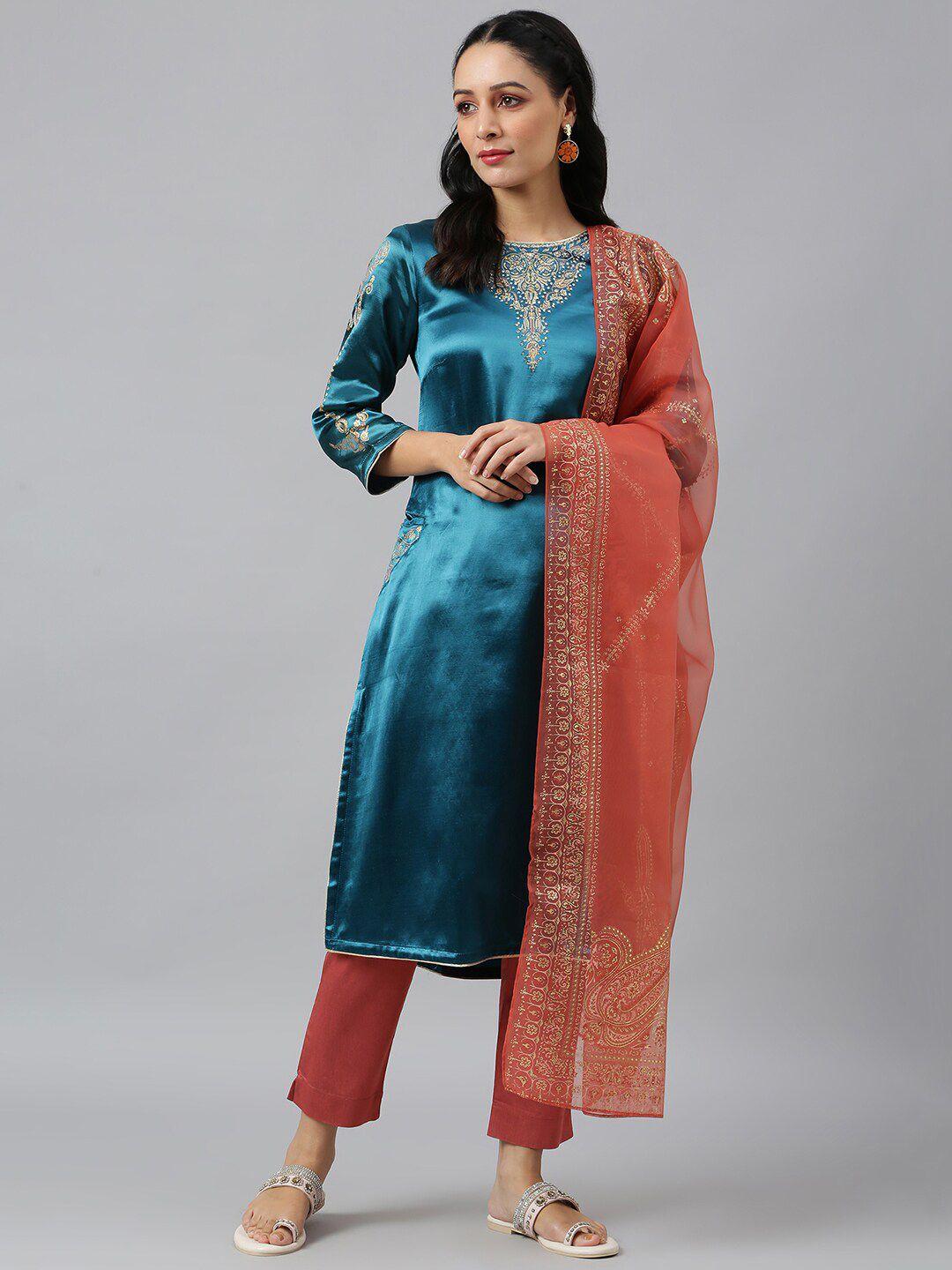 wishful women teal embroidered panelled kurta with trousers & with dupatta