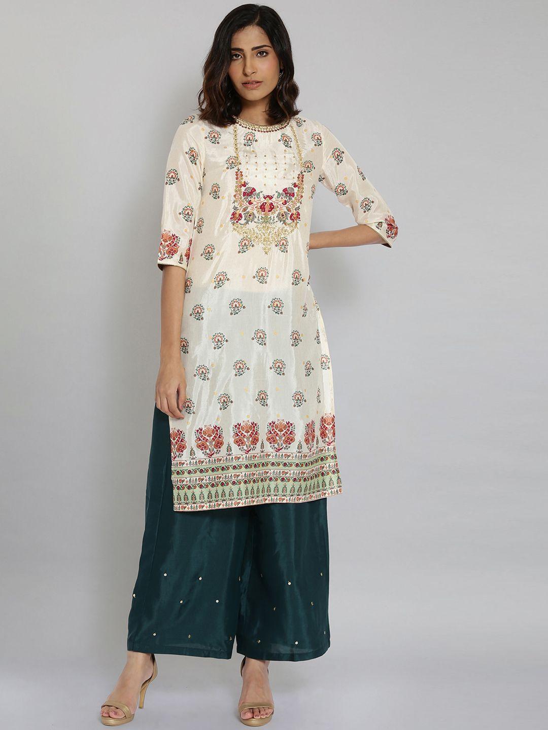 wishful women white ethnic motifs printed straight kurta