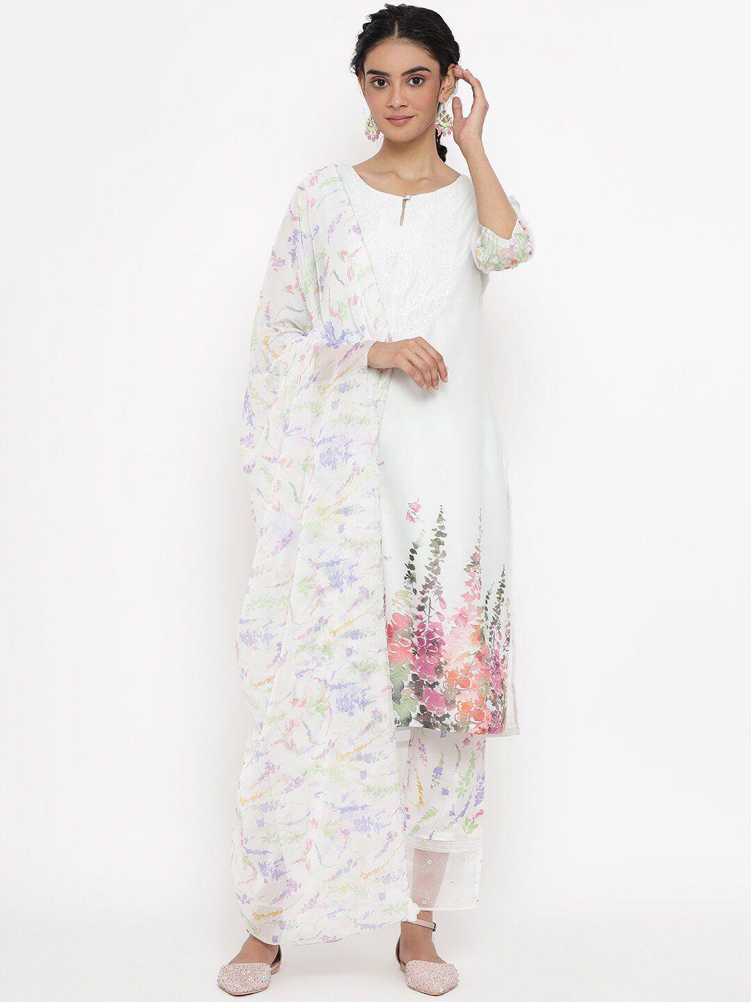 wishful women white floral embroidered thread work kurta with palazzos & with dupatta