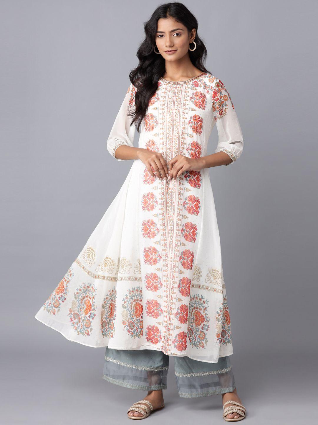 wishful women white floral printed anarkali kurta