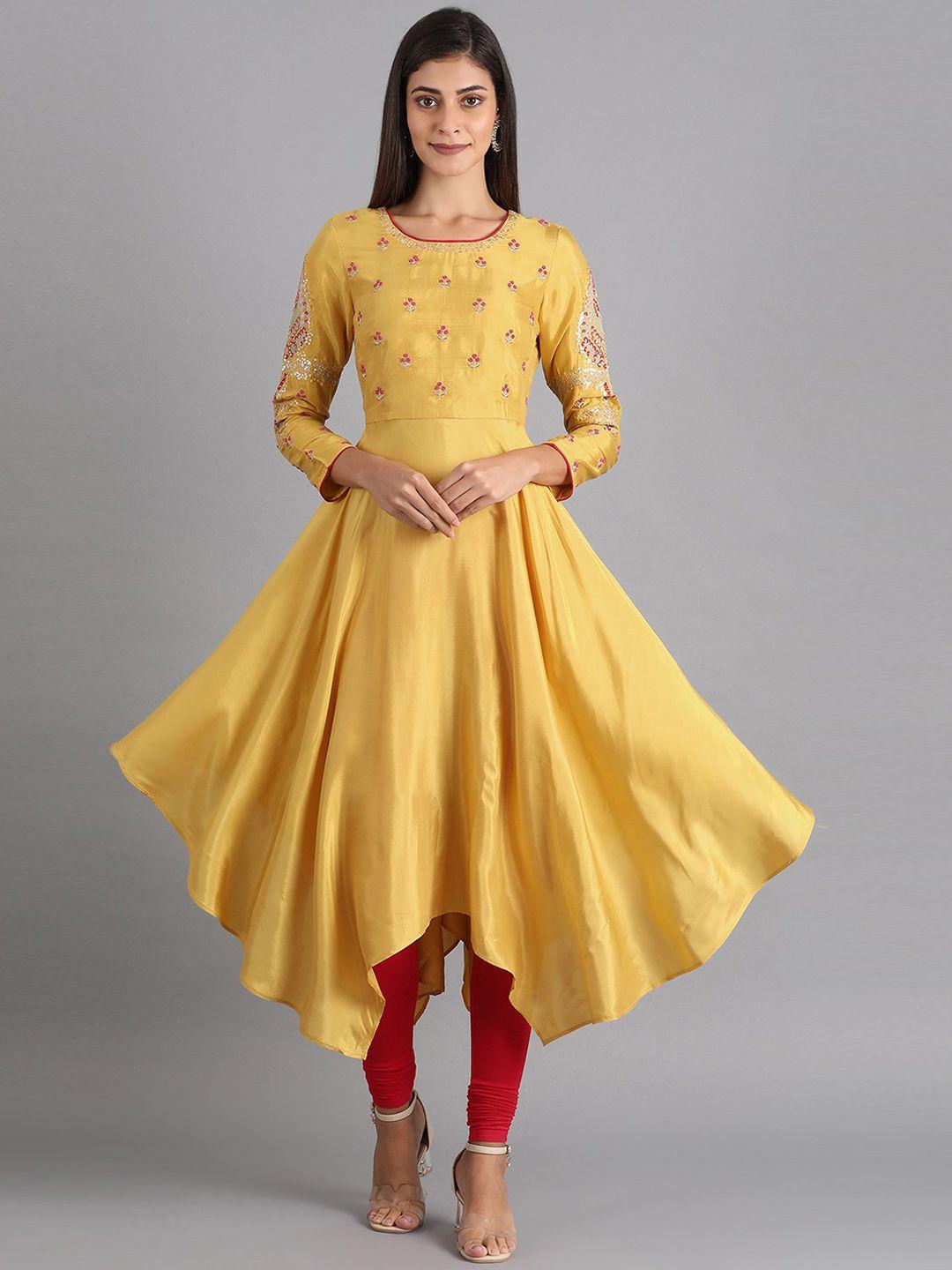 wishful women yellow ethnic motifs embroidered thread work kurta