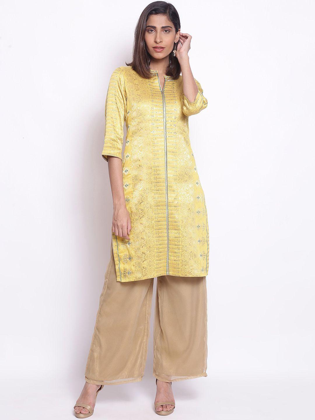 wishful women yellow floral printed sequinned kurta