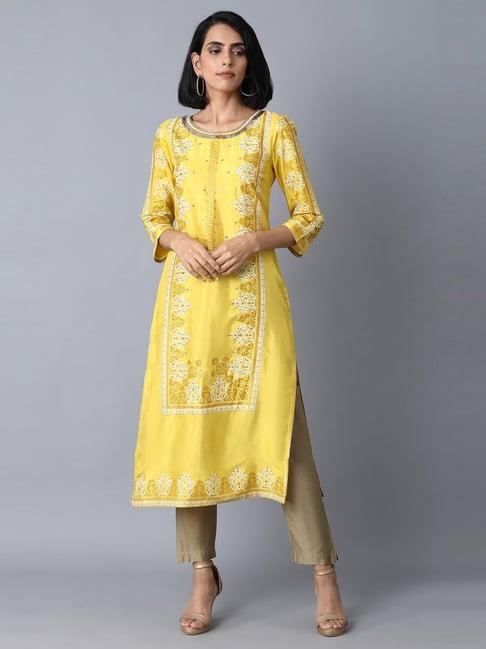 wishful yellow embellished straight kurta