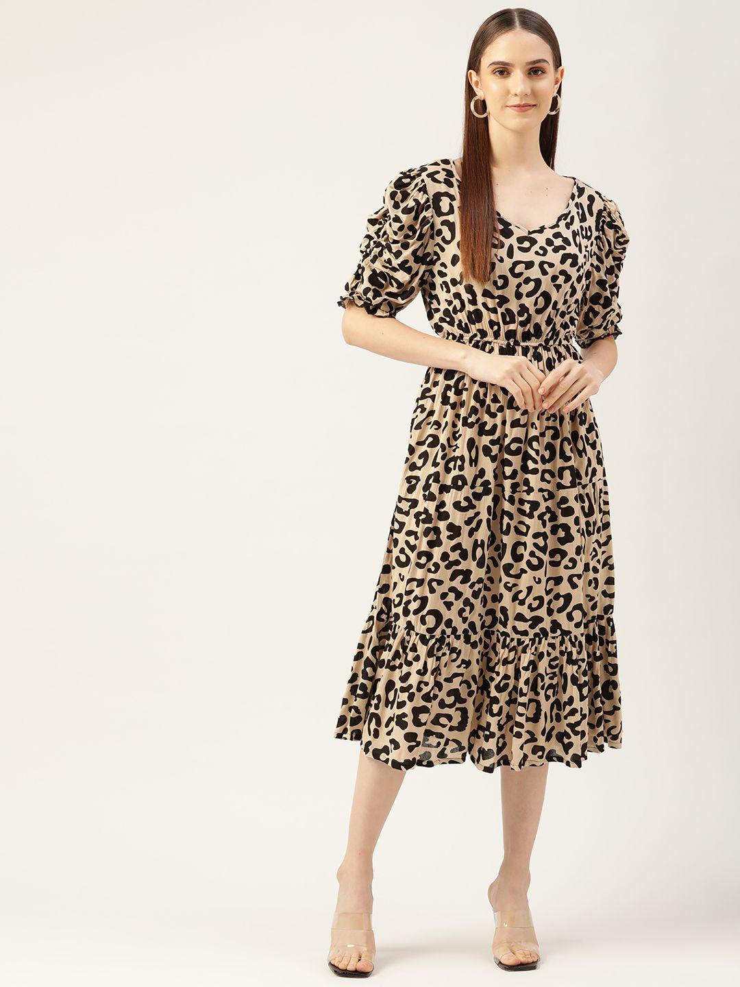 wisstler animal print puff sleeves midi dress