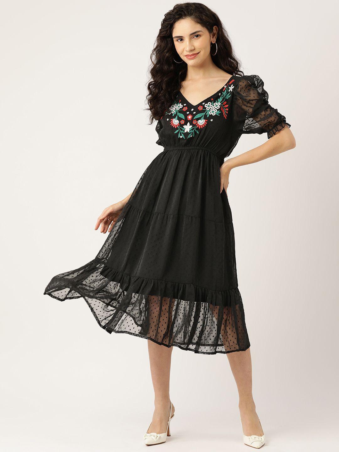 wisstler floral embroidered puff sleeves tiered georegtte a-line midi dress