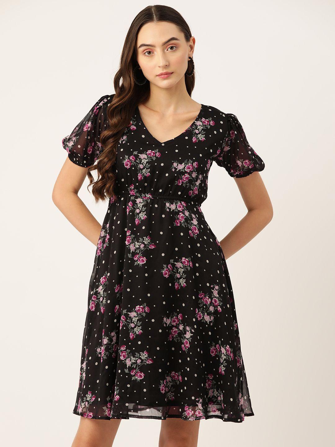 wisstler floral print puff sleeves chiffon a-line dress