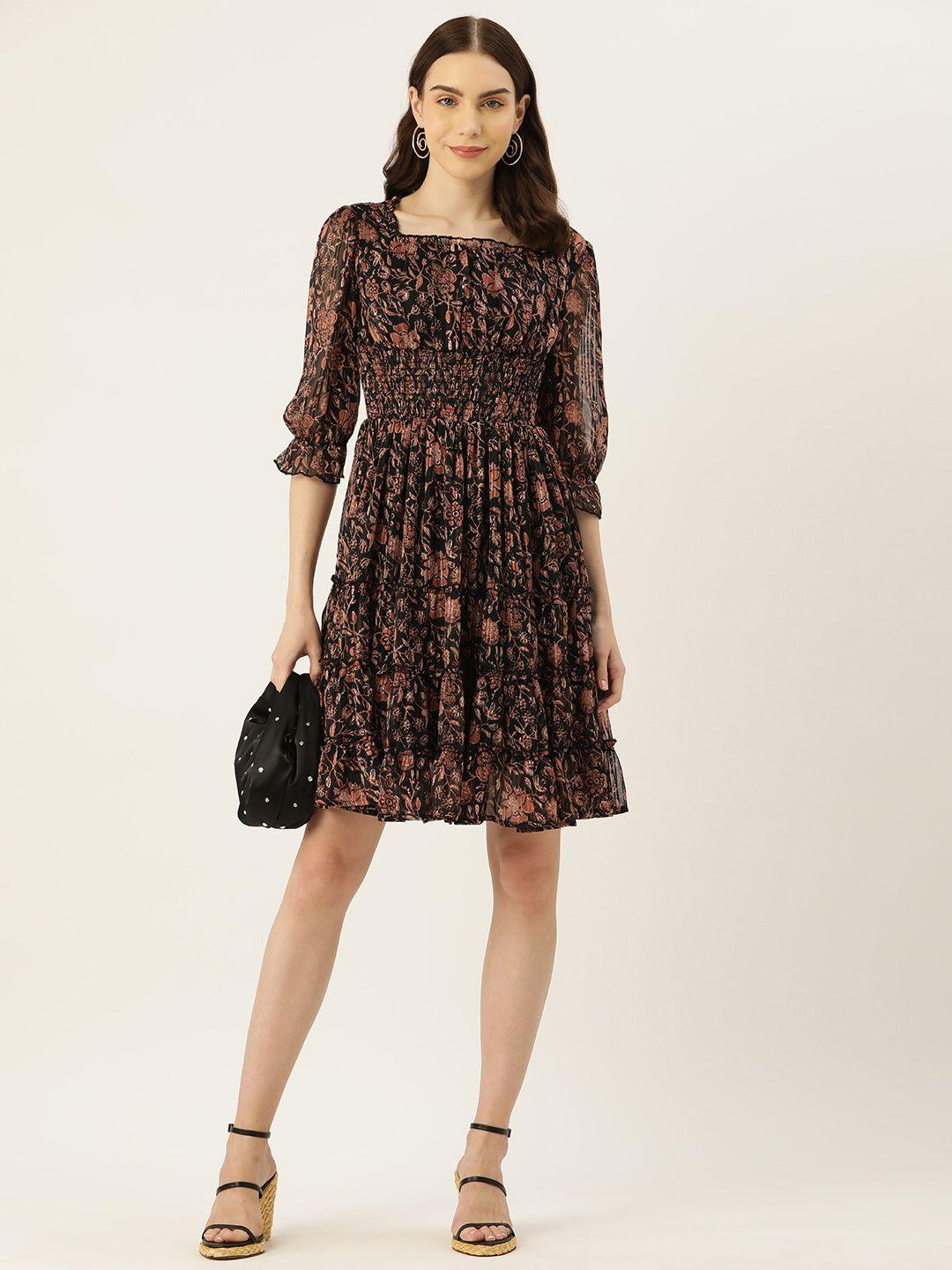 wisstler floral print puff sleeves smocked tiered chiffon fit & flare dress