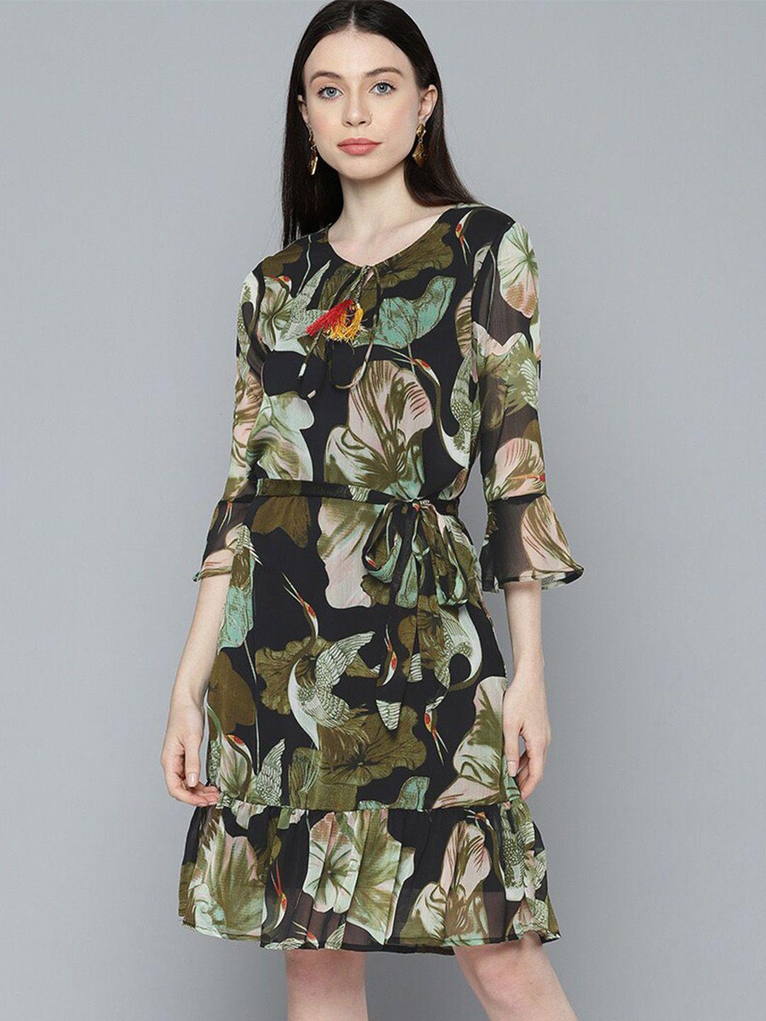 wisstler floral printed tie-up neck bell sleeves georgette a-line dress