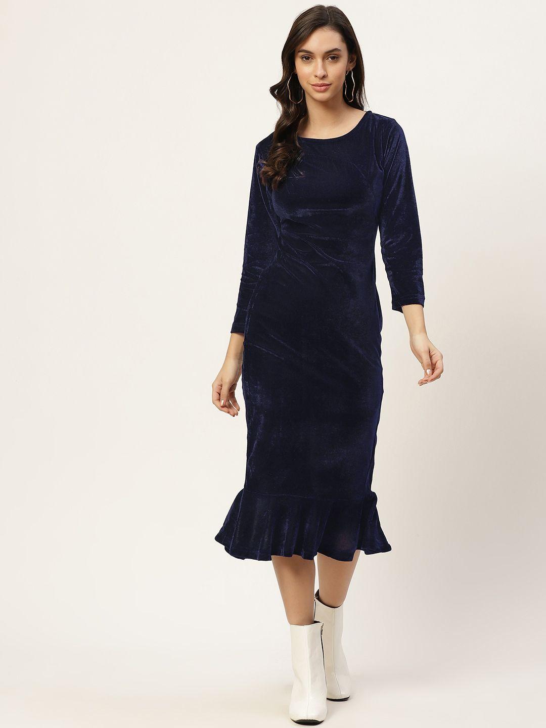 wisstler navy blue velvet sheath midi dress