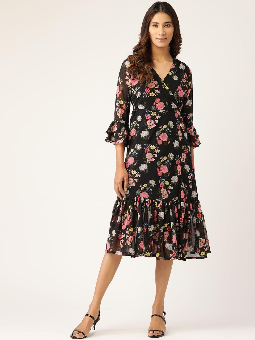 wisstler women black & pink floral print wrap dress