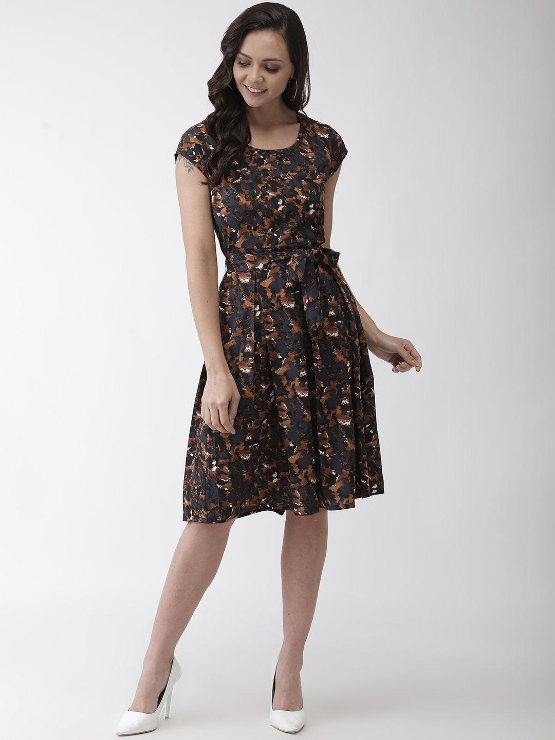 wisstler women charcoal grey & brown printed fit and flare dress