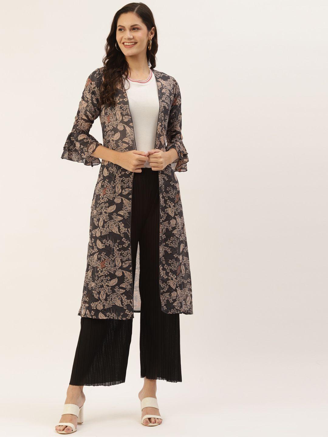 wisstler women grey & beige printed longline shrug