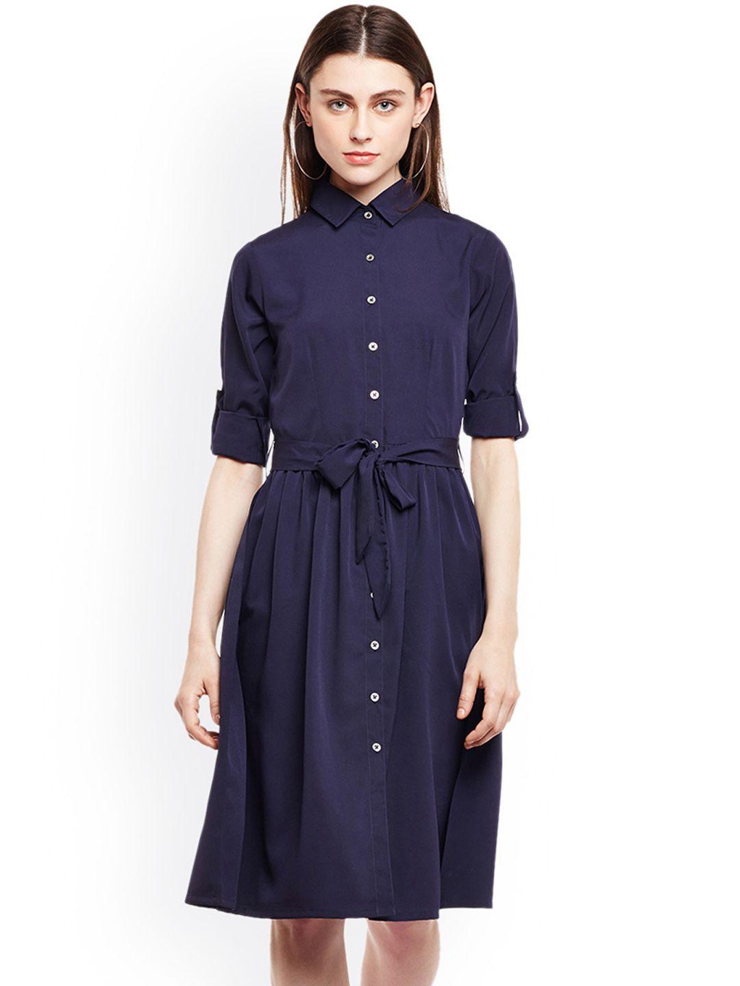wisstler women navy blue solid shirt dress