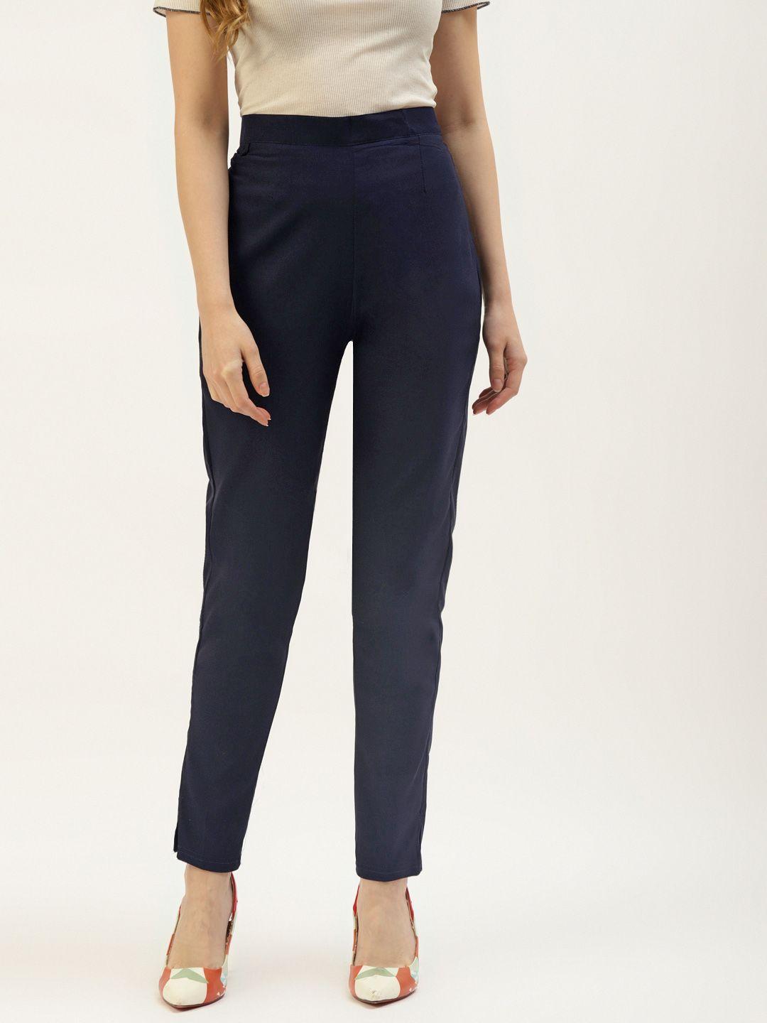 wisstler women navy blue solid skinny fit trousers