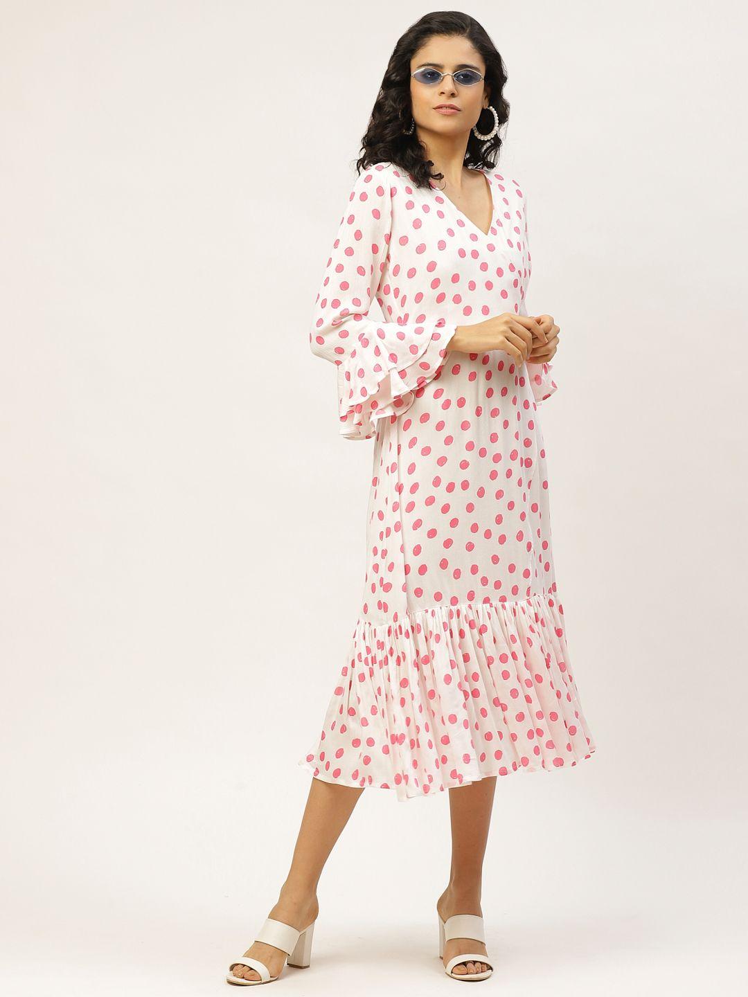 wisstler women white & pink polka dot print midi wrap dress