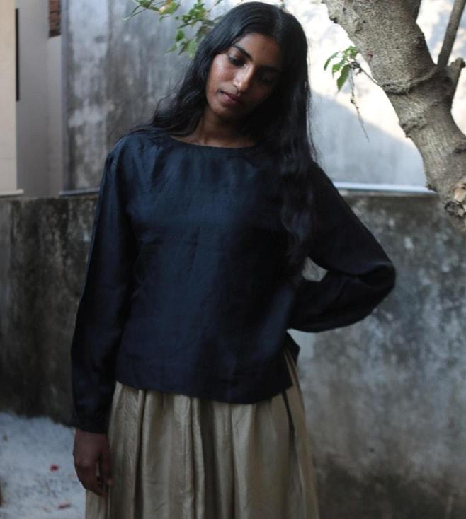 with n charcoal silk blouse