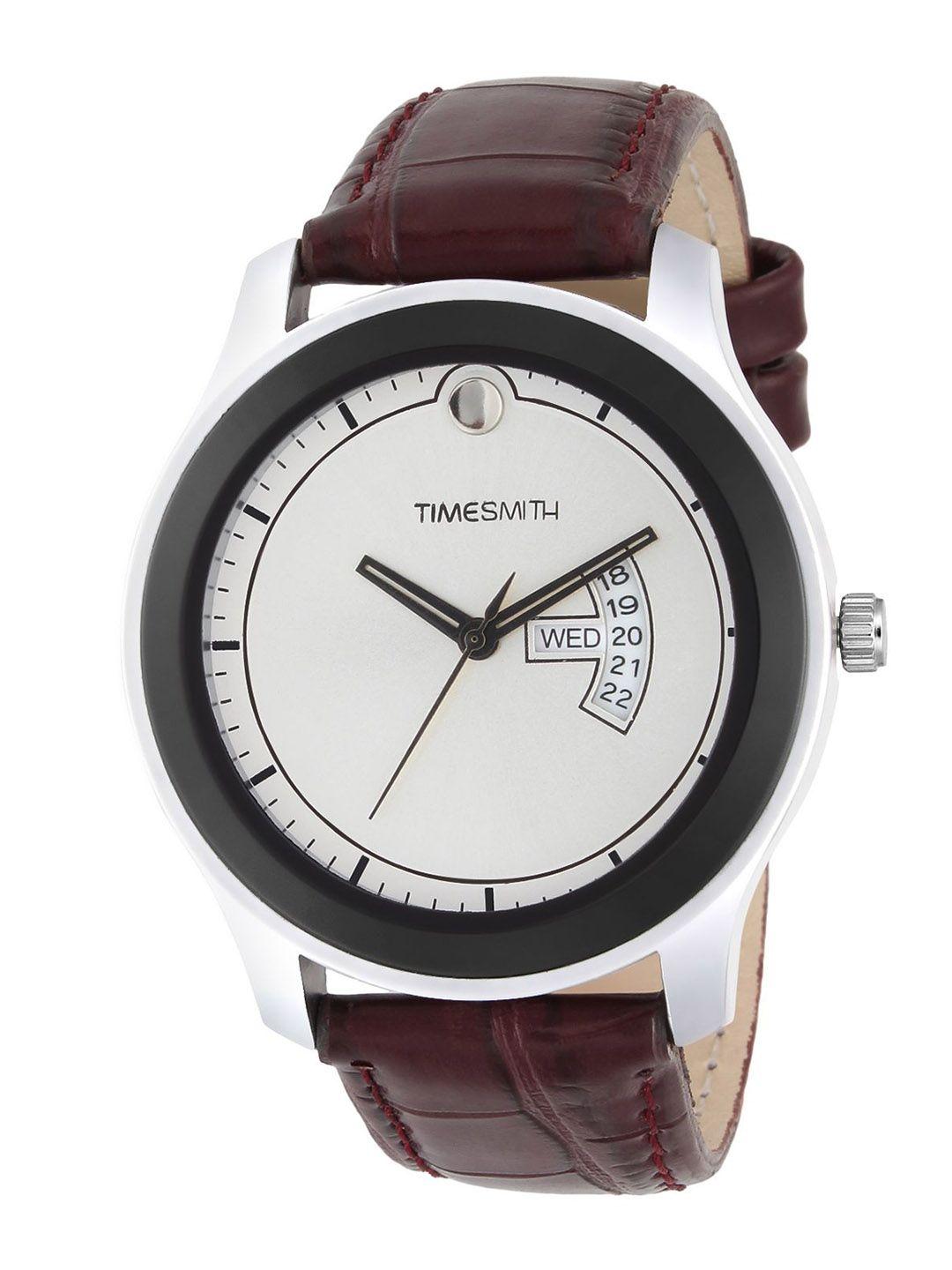 wm timesmith men brass dial & leather straps analogue watch tsc-002