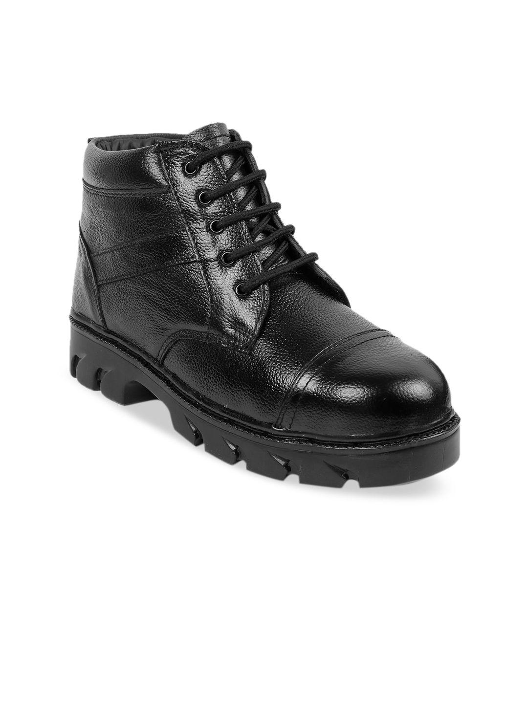 woakers men black solid synthetic leather mid-top flat boots