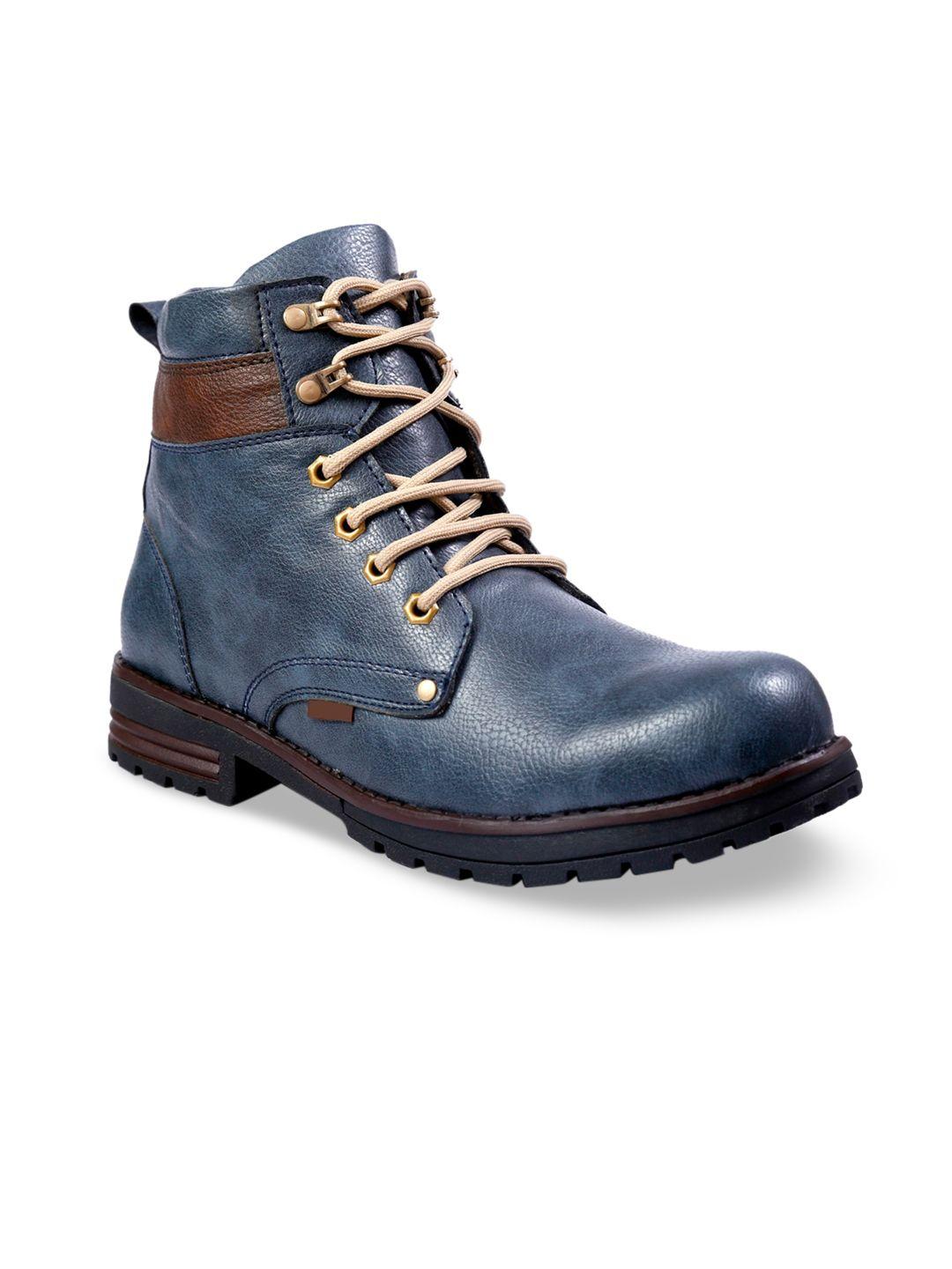 woakers men blue solid synthetic high-top flat boots