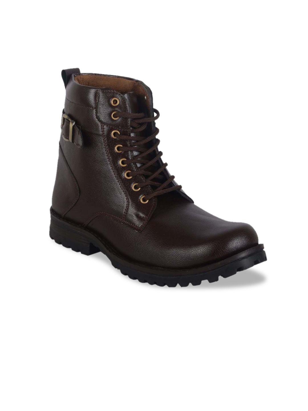woakers men brown solid synthetic high-top flat boots