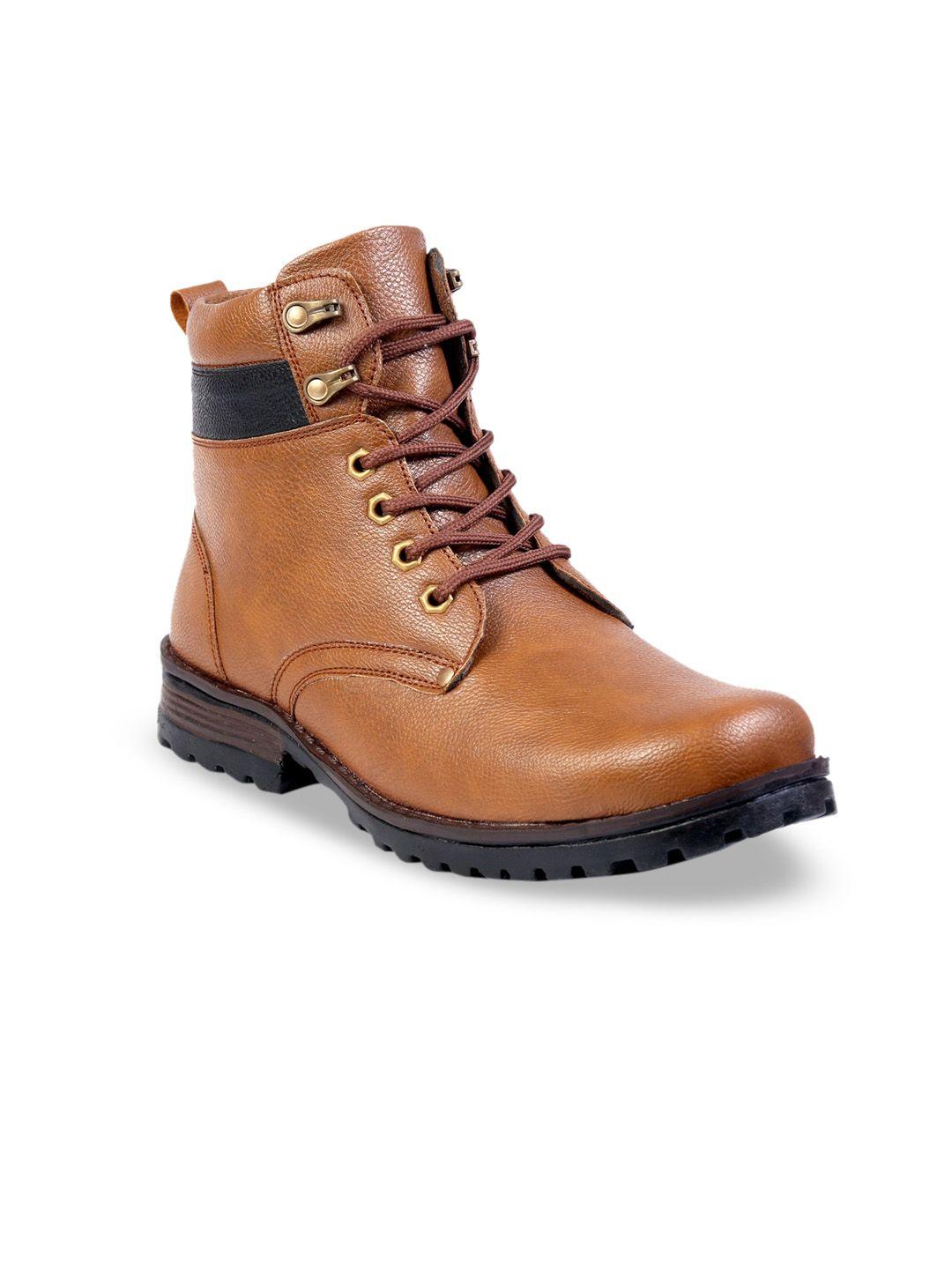 woakers men tan brown solid synthetic high-top flat boots