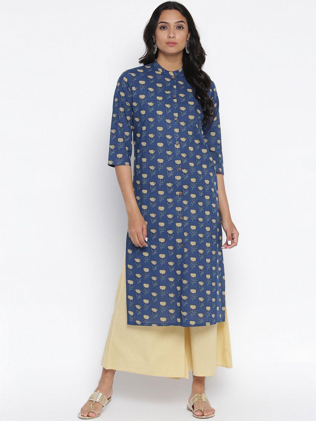 wodreams women blue & beige ethnic motifs cotton printed kurta