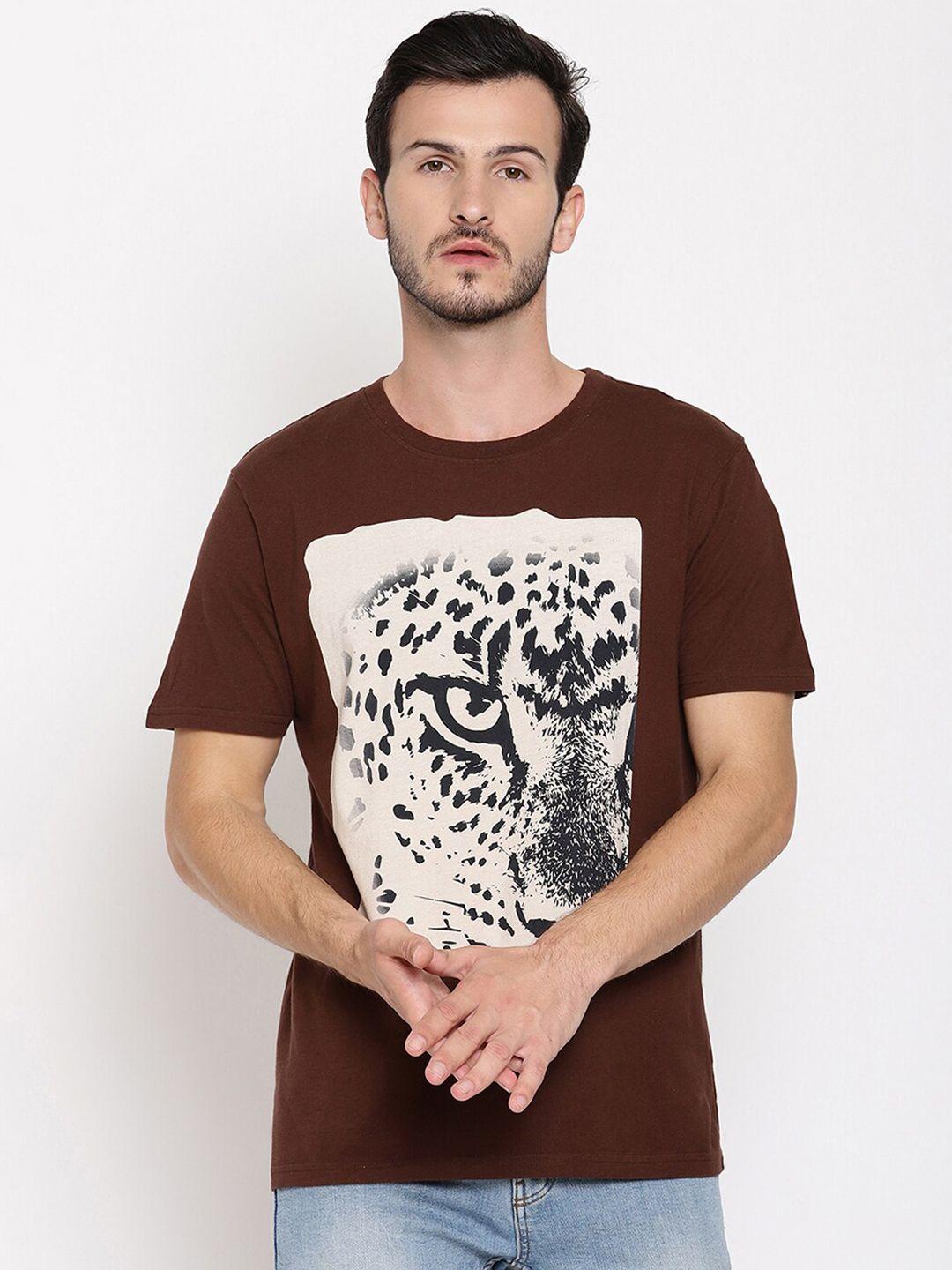 wolfpack men brown leopard eye printed cotton t-shirt