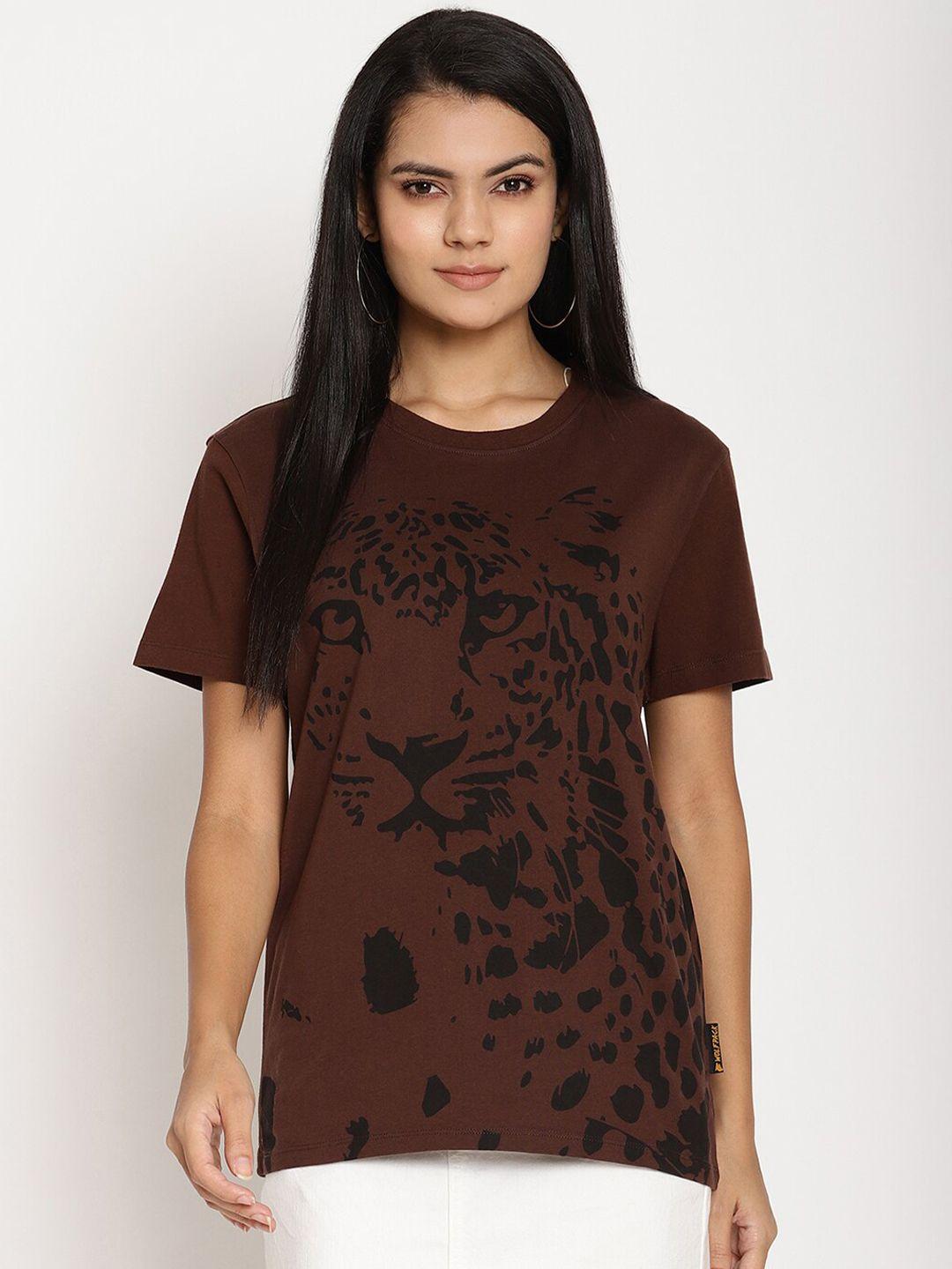wolfpack women brown & black leopard printed t-shirt