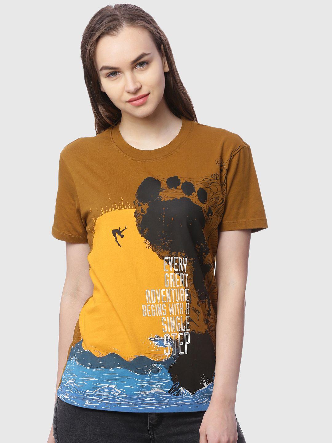 wolfpack women brown & yellow graphic printed cotton t-shirt
