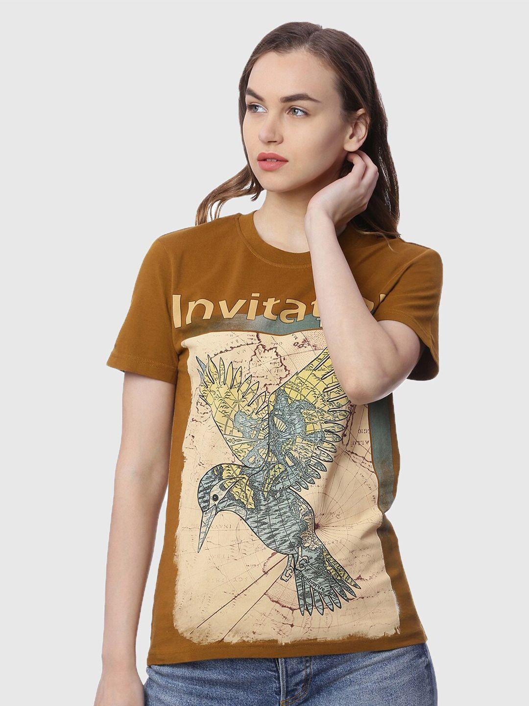 wolfpack women brown printed extended sleeves t-shirt