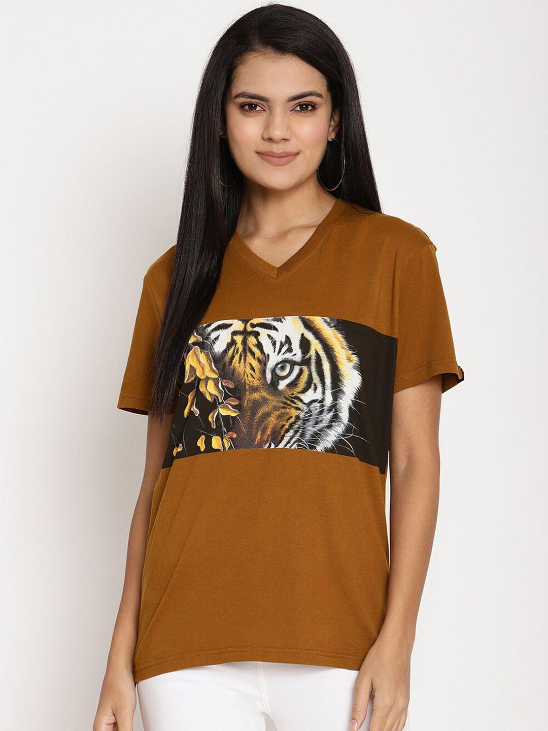 wolfpack women camel brown tiger graphic printed v-neck t-shirt