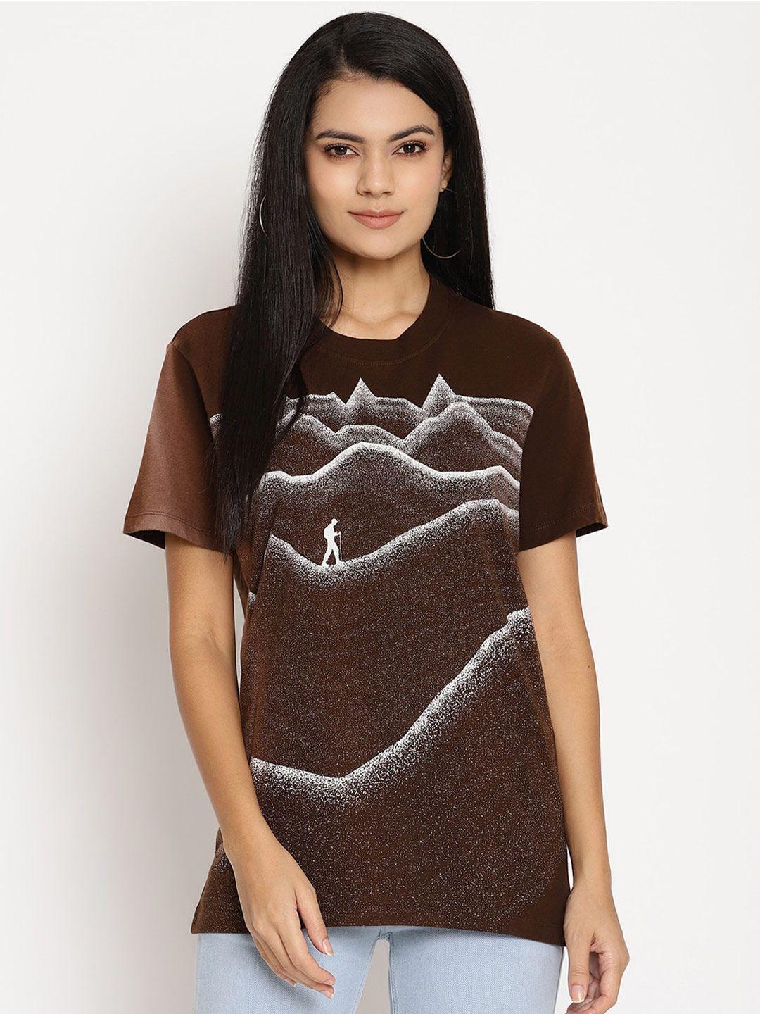 wolfpack women coffee brown and grey abstract printed t-shirt