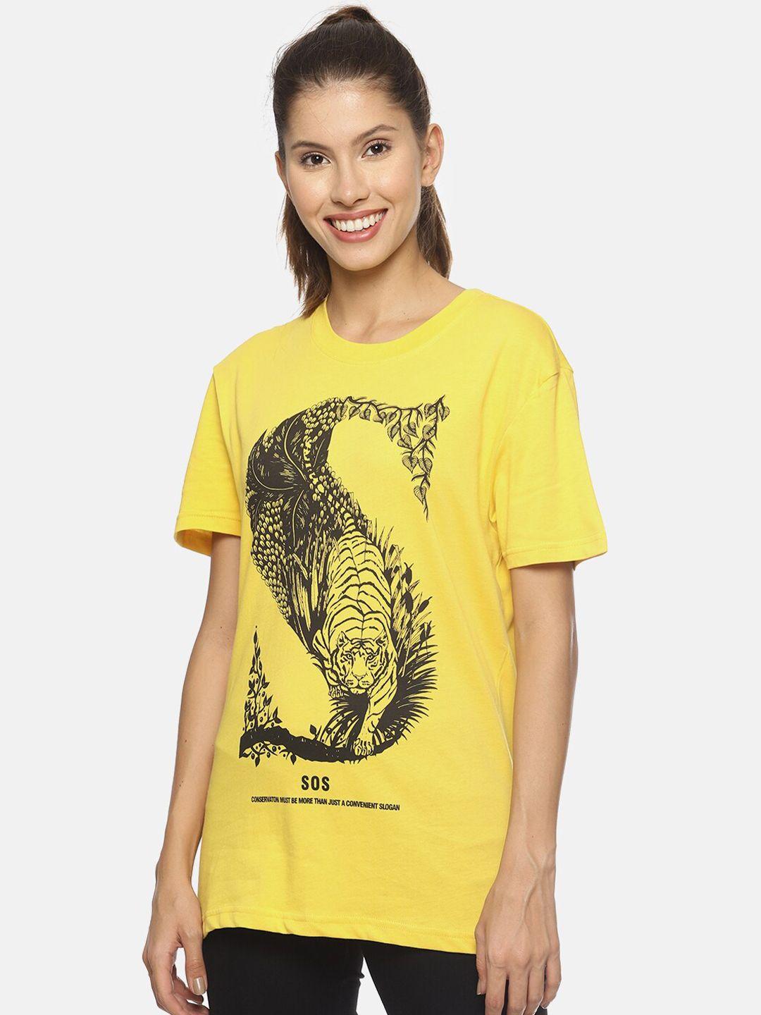 wolfpack women yellow & black printed cotton t-shirt
