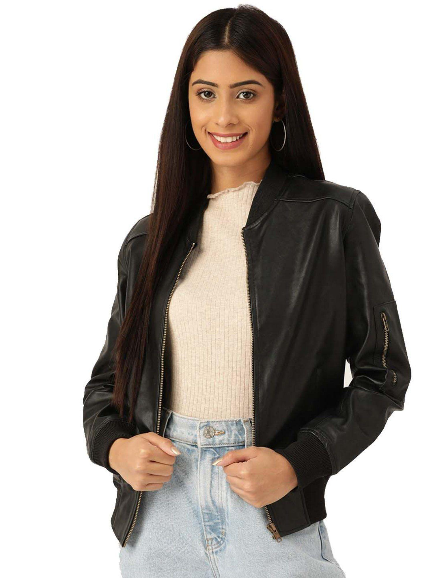 woman elastic faux black leather full sleeve solid jacket