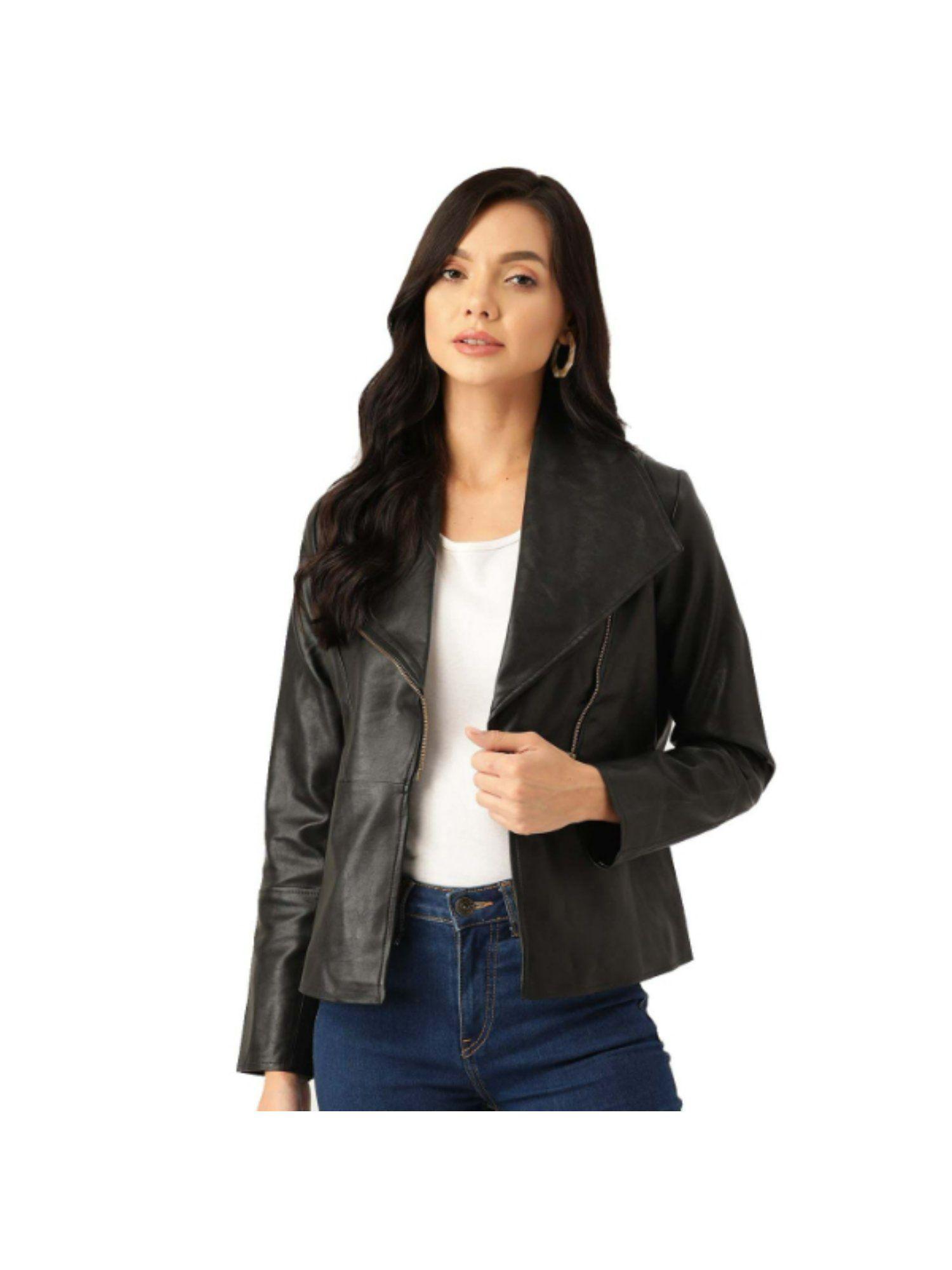 woman faux leather full sleeve black solid jacket