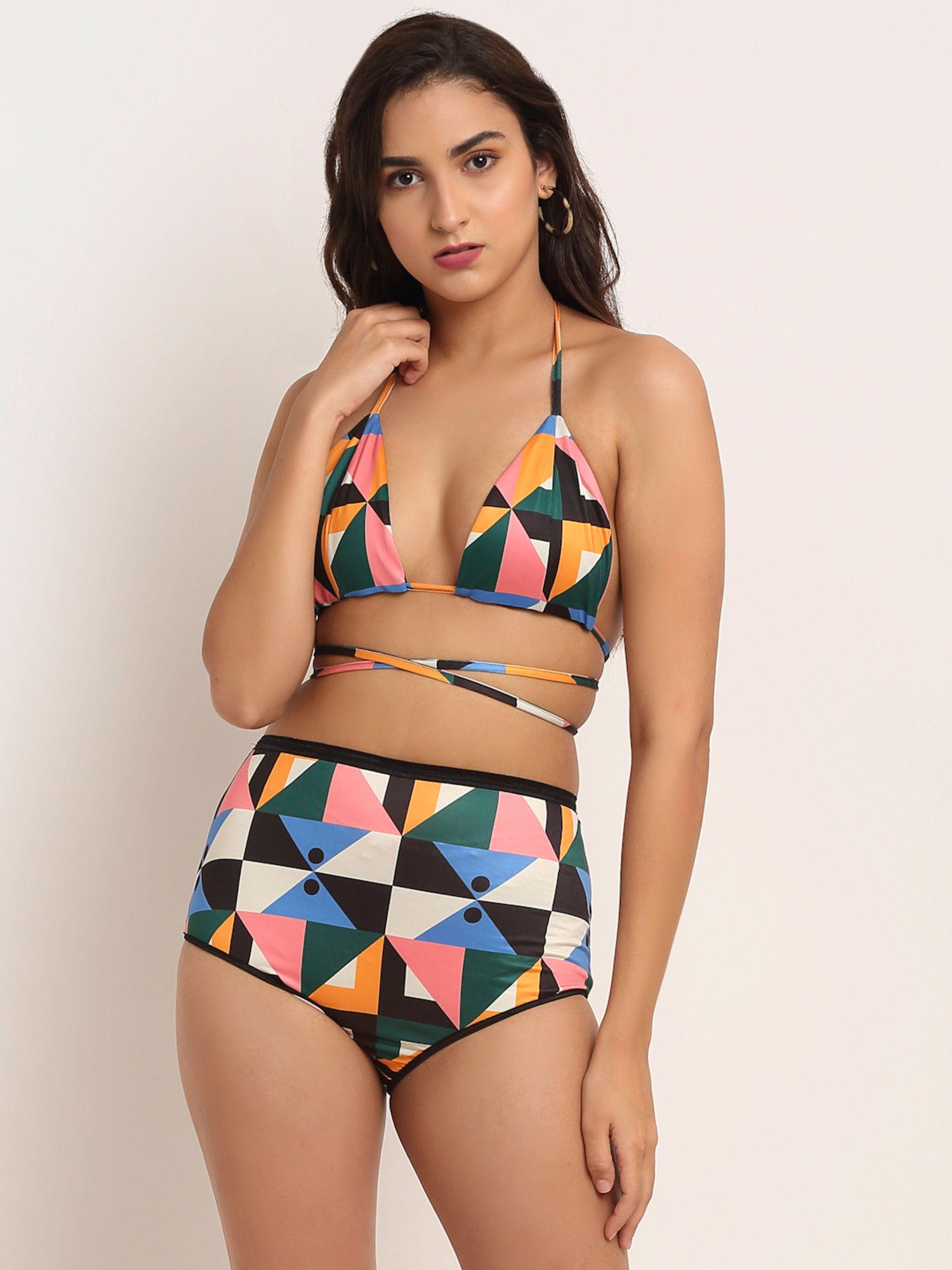 woman multicolour printed swim bikini set