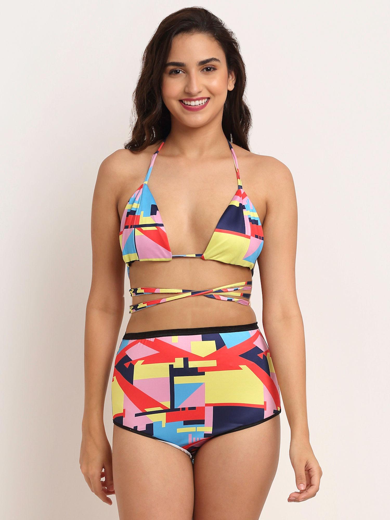 woman multicolour printed swim bikini set